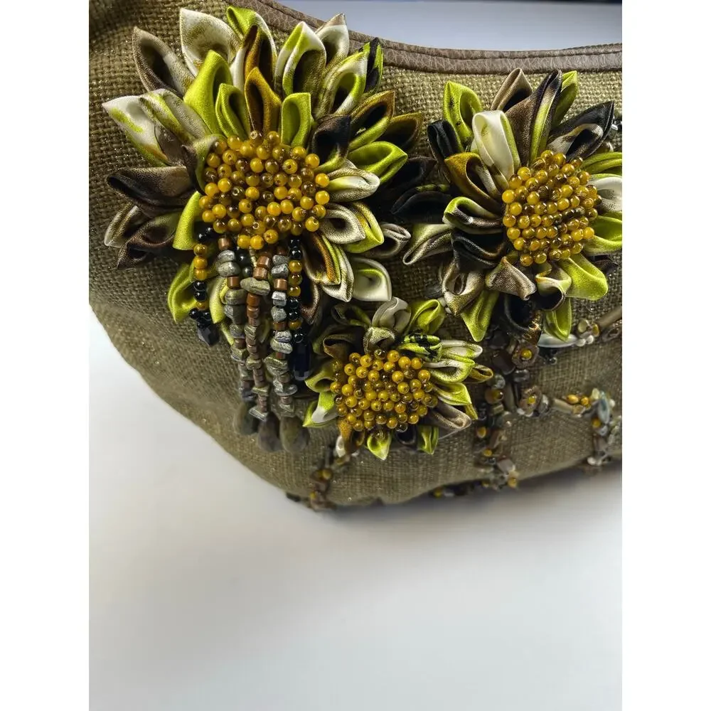 Mary Frances olive green burlap hobo bag floral embellished beaded art to wear